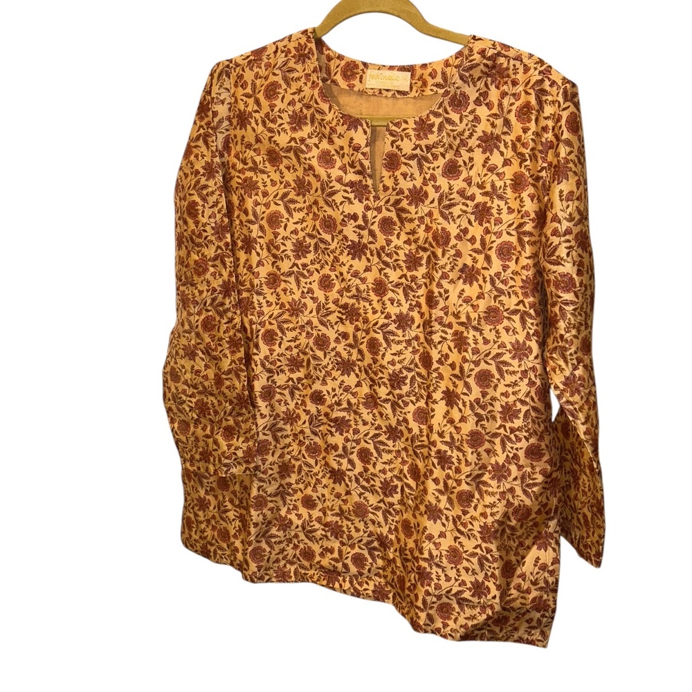 Fabindia Indian kurti tunic top tan orange warm Spring floral print top XL NEW